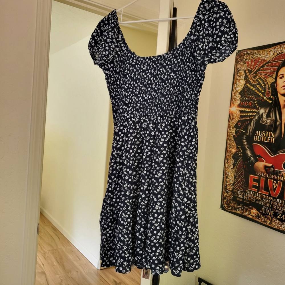 Hollister Short-Sleeved Navy Blue Floral Smocked Bodice Mini Dress